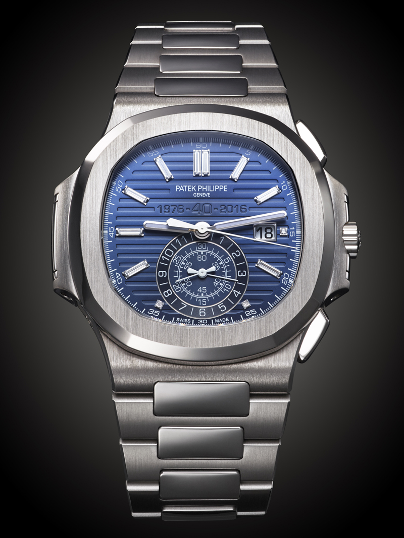 The Patek Philippe 40th anniversary Ref. 5976 in white gold is a flyback chronograph.