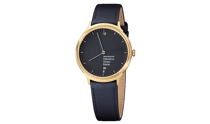 Mondaine MH1.L2221.LB Unisex Helvetica Leather Strap Watch, Gold/Black