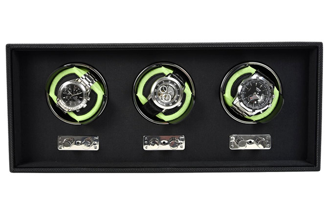 GOODWOOD BLACK TRIPLE WATCH WINDER WITH LIME GREEN PADS