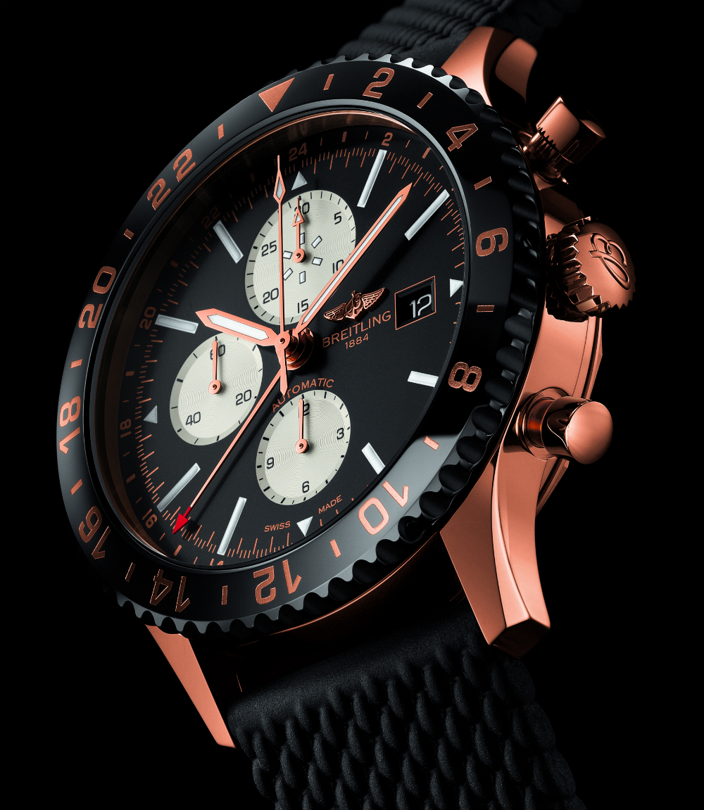 Side of Breitling Chronoliner red gold watch