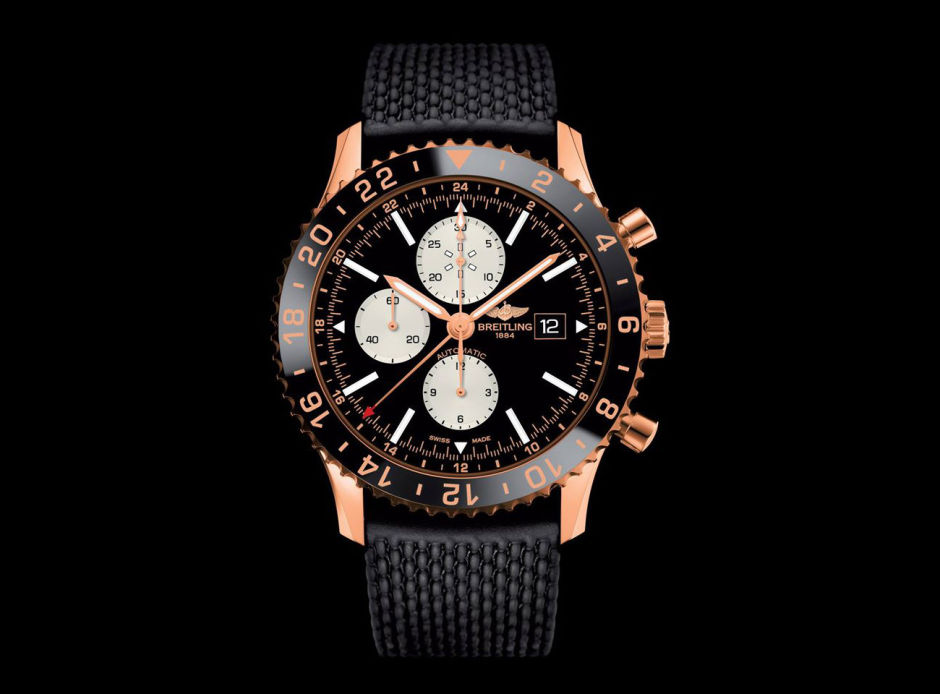 Front of Breitling Chronoliner red gold watch